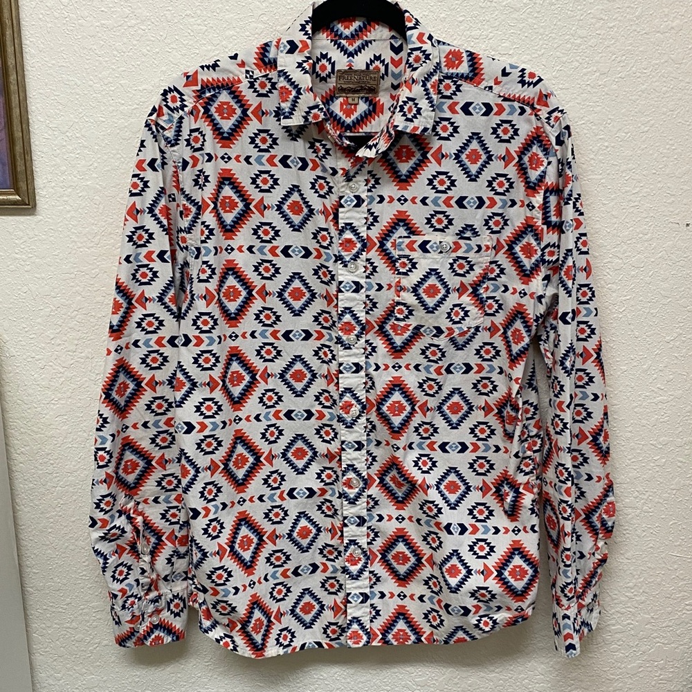 FREE NATURE Aztec Diamond Print Button Down Long Sleeve Shirt